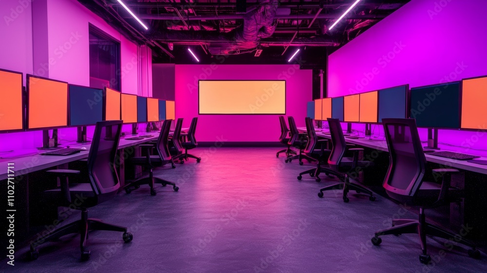 Dynamic coworking space with vibrant screens modern office digital art innovative environment wide-angle view collaborative concept Dynamic coworking space with vibrant screens modern office digital art innovative environment wide-angle view collaborative concept