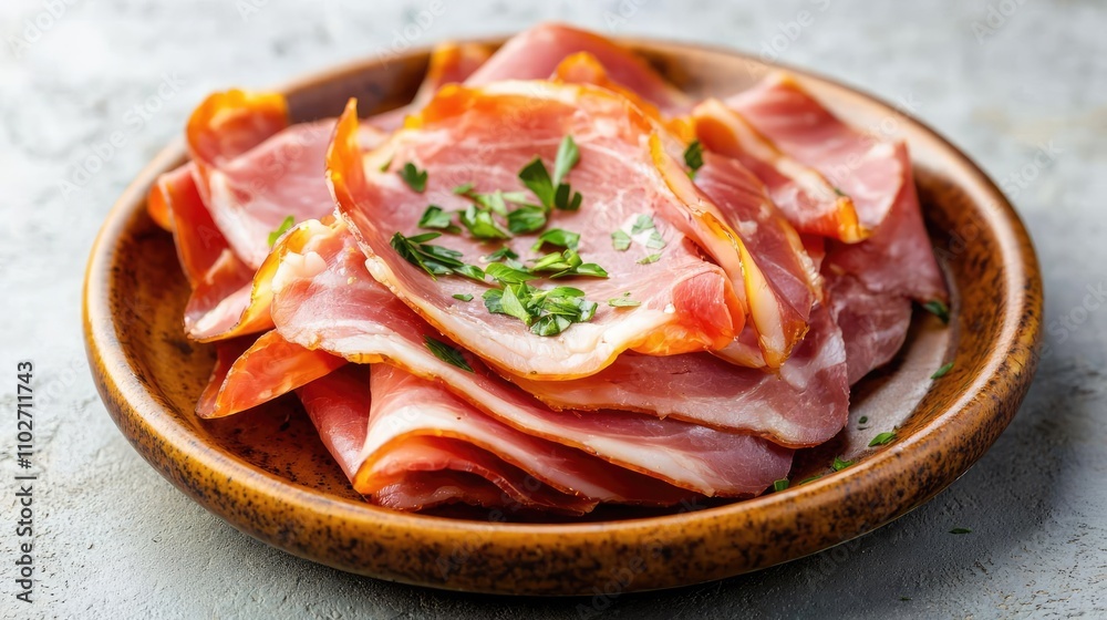 Delicious slices of cured meat arranged on a rustic plate with herbs. Delicious slices of cured meat arranged on a rustic plate with herbs.