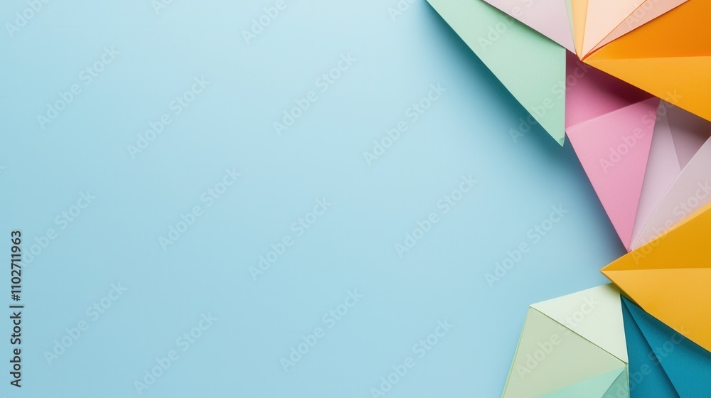Fototapeta premium Organization structure and mission, A colorful arrangement of paper shapes on a light blue background, creating a vibrant and artistic composition.