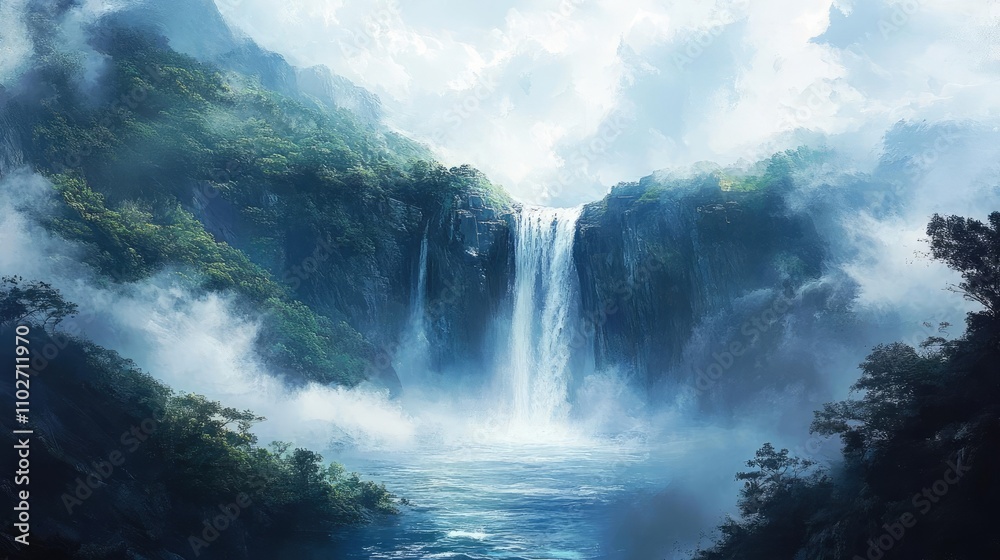 A waterfall plunging into a deep pool, with mist rising from the water A waterfall plunging into a deep pool, with mist rising from the water