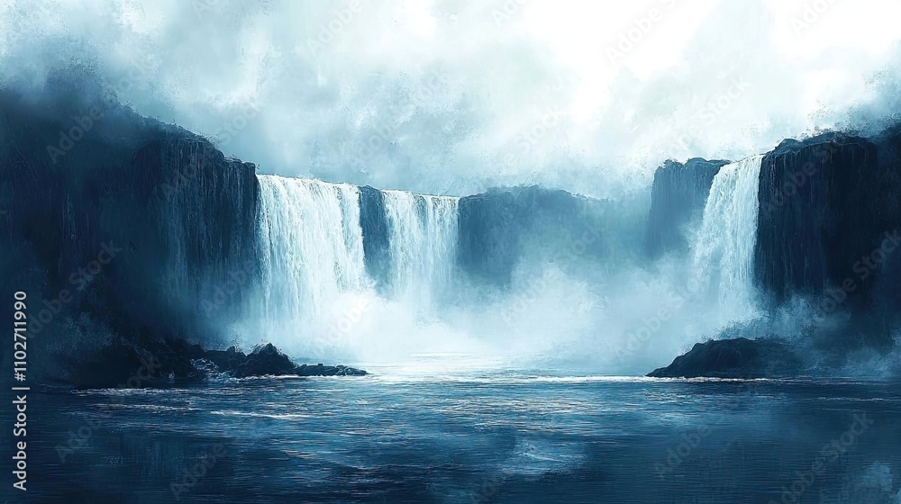 Fototapeta premium A waterfall plunging into a deep pool, with mist rising from the water