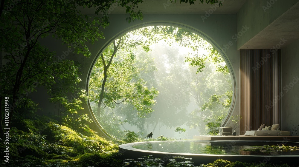 A serene moment of nature's embrace in a circular design tranquil home environment interior view eco-friendly living concept A serene moment of nature's embrace in a circular design tranquil home environment interior view eco-friendly living concept
