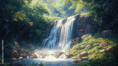 A waterfall cascading down a rocky cliff, with lush green foliage around