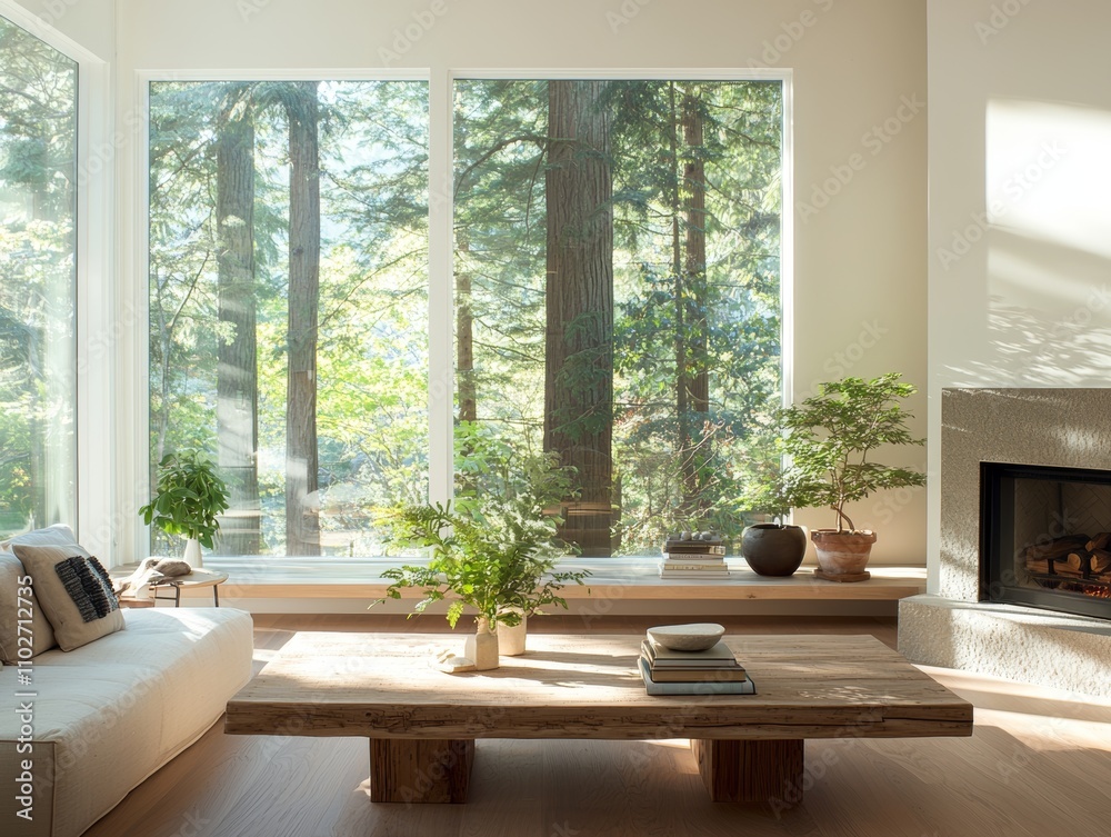 Cozy living room with rustic coffee table surrounded by nature interior design bright environment tranquil concept for relaxation Cozy living room with rustic coffee table surrounded by nature interior design bright environment tranquil concept for relaxation