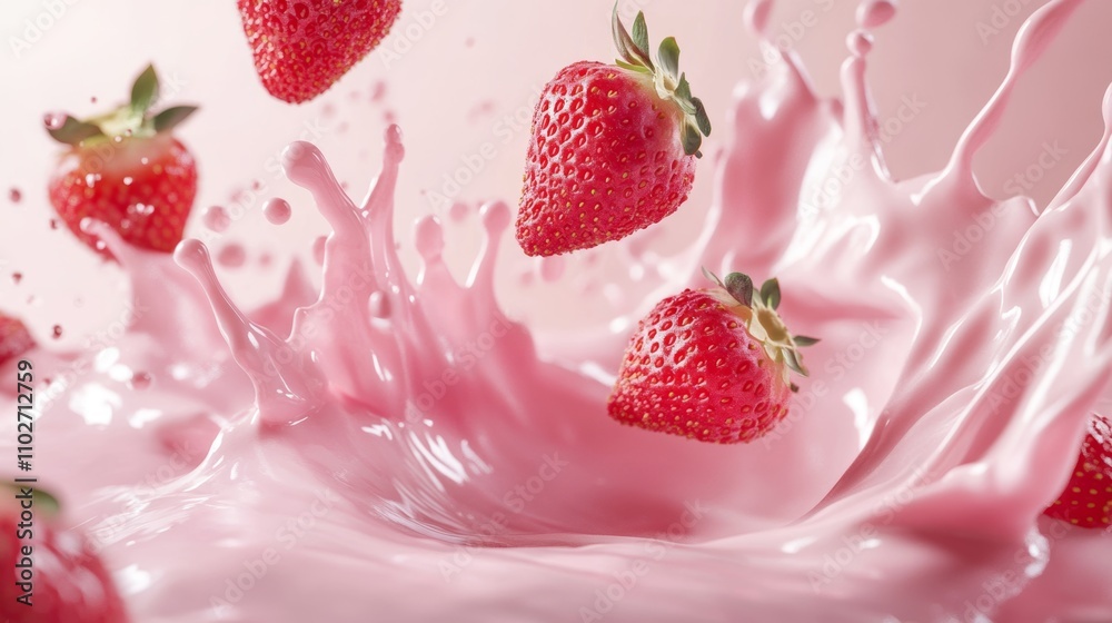 Swirling splash of pink yogurt with strawberries captured in mid-air creating a dynamic visual treat Swirling splash of pink yogurt with strawberries captured in mid-air creating a dynamic visual treat