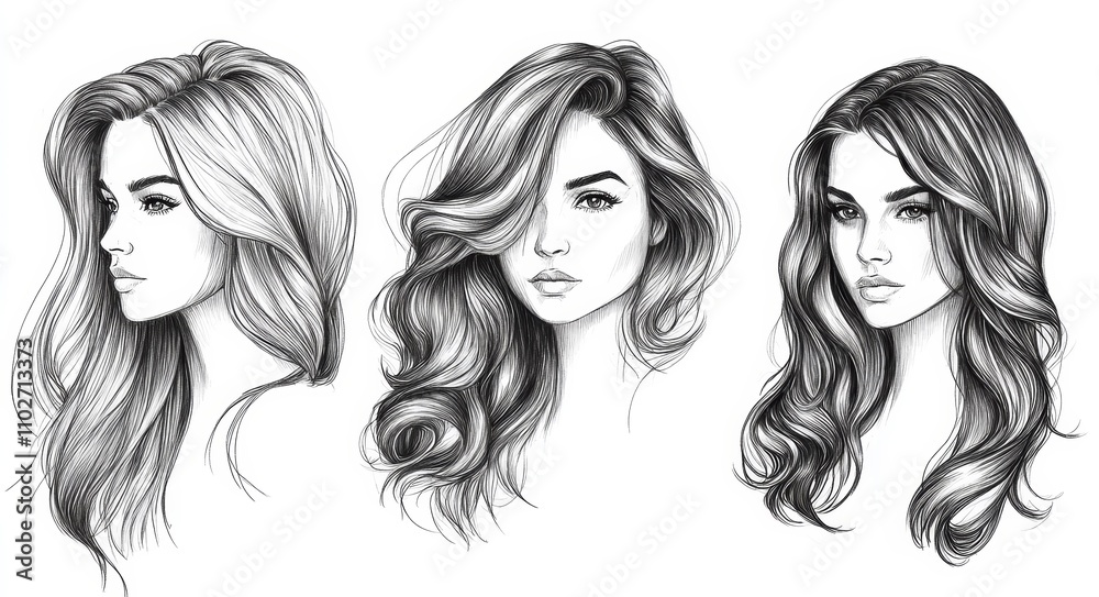 Beautiful Women's Heads with Long Wavy Hair Different Hairstyles Hand Drawn Illustration Sketch Beautiful Women's Heads with Long Wavy Hair Different Hairstyles Hand Drawn Illustration Sketch