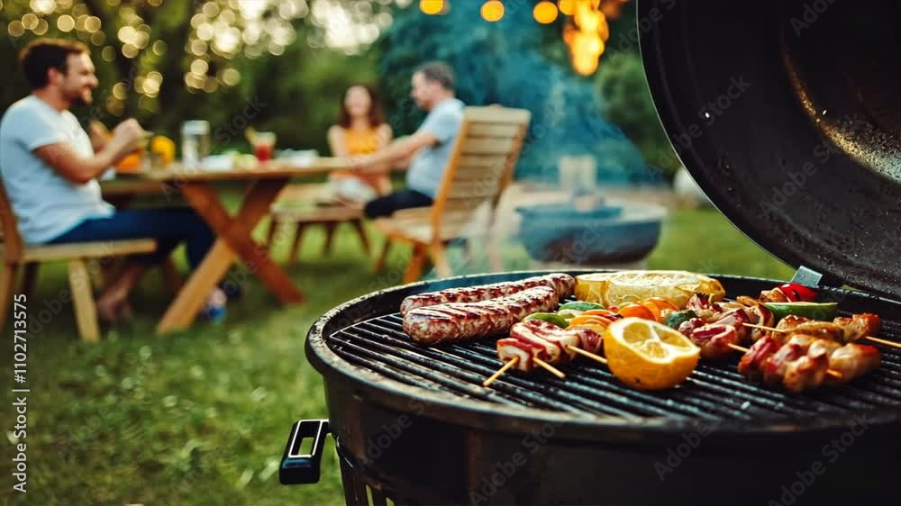 A group of people are gathered around a grill, cooking food