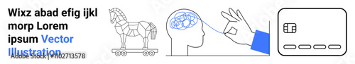 Trojan horse on wheels, hand hacking a brain, and a generic credit card, symbolizing cybersecurity risks. Ideal for technology, security awareness, online safety, data protection, hacking prevention
