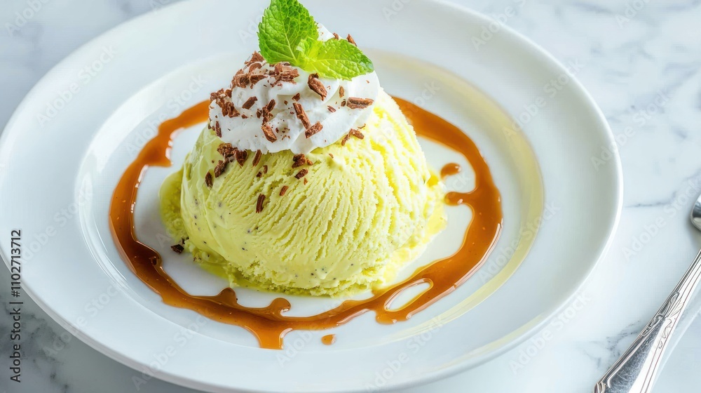 A creamy dessert topped with whipped cream, chocolate shavings, and a mint leaf, served on a plate with a drizzle of caramel sauce. A creamy dessert topped with whipped cream, chocolate shavings, and a mint leaf, served on a plate with a drizzle of caramel sauce.