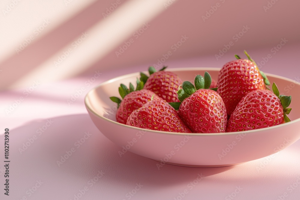 Fresh, ripe strawberries arranged in a light pink bowl, set against a soft pink background, capturing a serene and inviting aesthetic. Fresh, ripe strawberries arranged in a light pink bowl, set against a soft pink background, capturing a serene and inviting aesthetic.