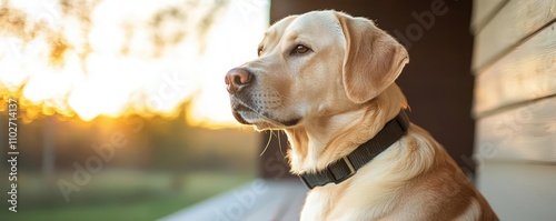 Labrador retriever dog sitting beside wooden wall during sunset