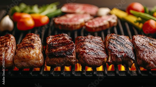 Grilled steak with fresh vegetables on a barbecue grill.