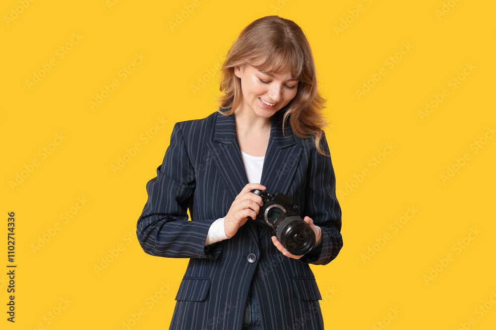 Beautiful young woman with camera and lens on yellow background