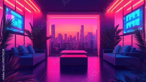 Modern lounge with neon lights and city view through a large window.