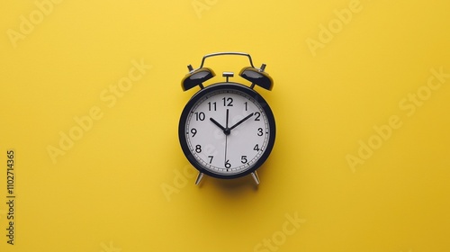 A vintage alarm clock on a bright yellow background, showcasing its classic design and clear dial.