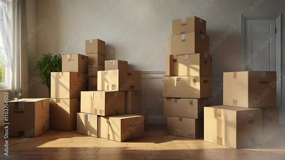 Some cardboard boxes in the room. Preparing for moving house. Seamless 4K looping timelapse video animation background Some cardboard boxes in the room. Preparing for moving house. Seamless 4K looping timelapse video animation background