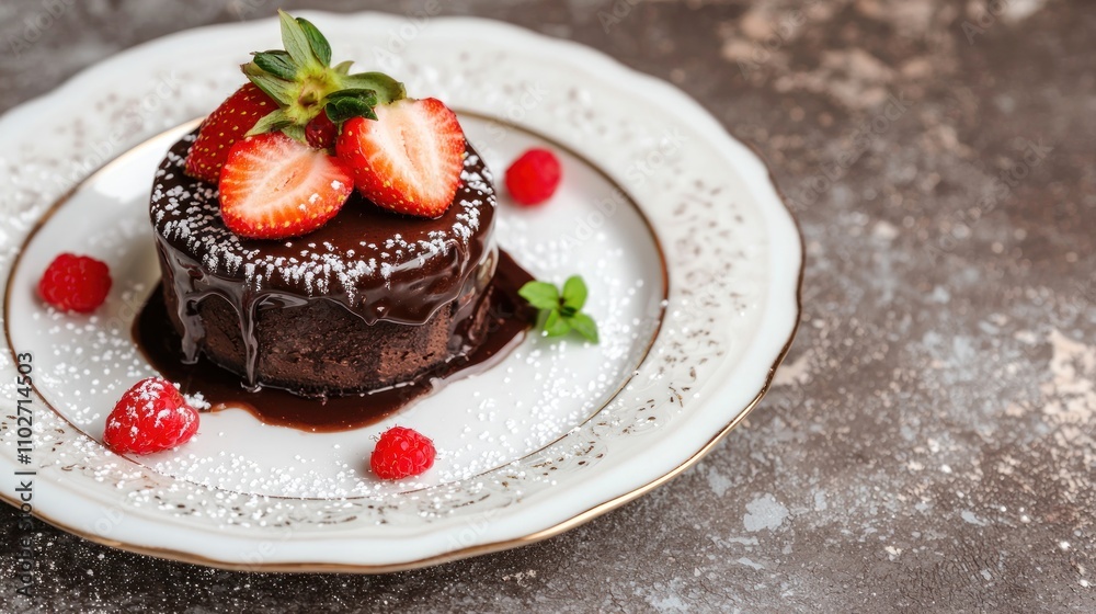 A decadent chocolate cake topped with fresh strawberries and raspberries, served on a vintage plate, creating an appetizing dessert presentation. A decadent chocolate cake topped with fresh strawberries and raspberries, served on a vintage plate, creating an appetizing dessert presentation.