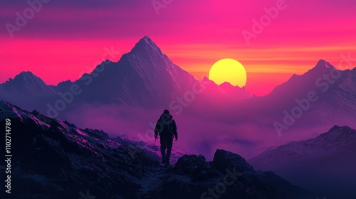 A silhouette of a hiker walks toward a vibrant sunset, surrounded by majestic mountains, creating a serene and inspiring landscape.