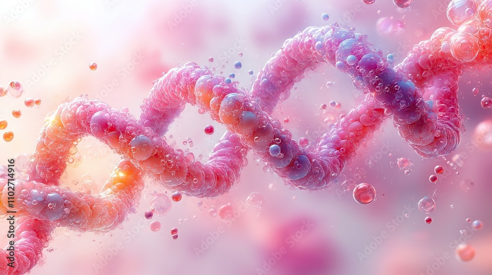 DNA helix breaking, surrounded by fluorescent molecular particles and atomic structures. Innovation in genetic engineering. Suitable for scientific presentations or medical advertisements.