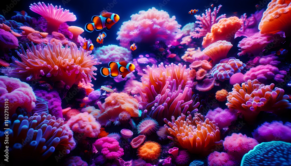 Naklejka premium Underwater A vibrant coral reef with pink, purple, and orange corals, featuring clownfish swimming gracefully3