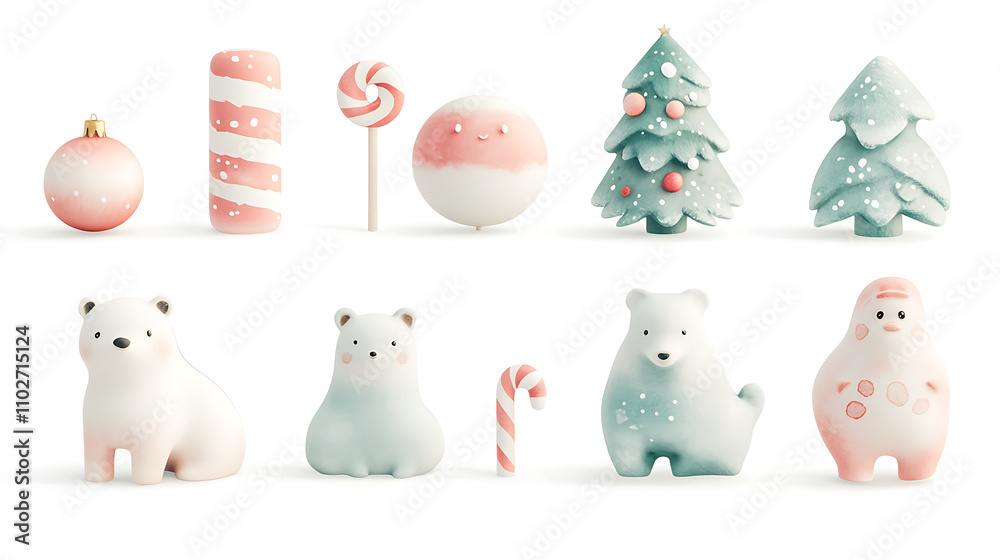 A playful 3D watercolor Christmas icon set of 12 designs, featuring a polar bear, a candy cane, and a snowball, with soft pastels and fun details for a whimsical vibe. A playful 3D watercolor Christmas icon set of 12 designs, featuring a polar bear, a candy cane, and a snowball, with soft pastels and fun details for a whimsical vibe.