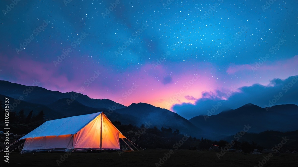 A serene camping scene featuring a tent illuminated by warm light, set against a breathtaking night sky filled with stars and colorful clouds. A serene camping scene featuring a tent illuminated by warm light, set against a breathtaking night sky filled with stars and colorful clouds.
