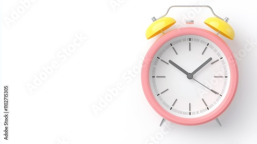 A pastel pink alarm clock with yellow bells, displaying the time, set against a simple white background. photo