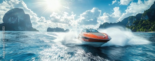 Speedboat racing across turquoise water under bright sunshine. photo