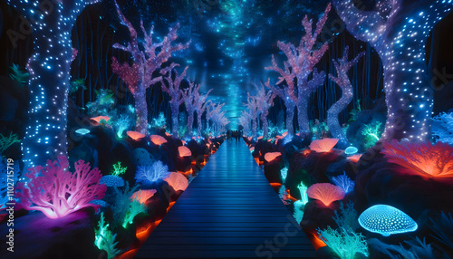 Underwater A glowing undersea pathway lined with coral lights and bioluminescent plants, guiding the way to an2 photo