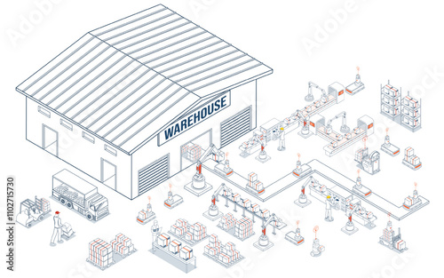 Industry 4.0 Smart Warehouse: Integrating Automated Robotics and Digital Technologies for Intelligent Industrial Logistics. Vector illustration EPS 10