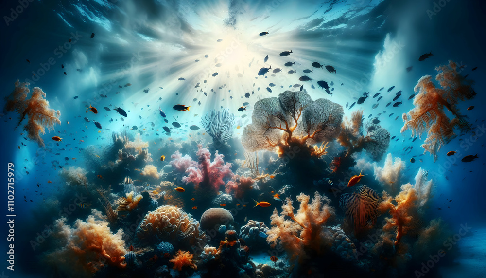 Underwater A coral reef with swaying fish and soft sunlight streaming through, highlighting vibrant sea plants1 Underwater A coral reef with swaying fish and soft sunlight streaming through, highlighting vibrant sea plants1