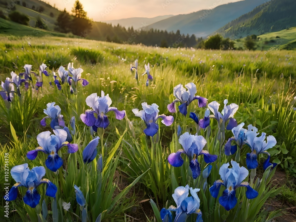 Sunset Meadow Irises Blooming Spring Flowers Landscape