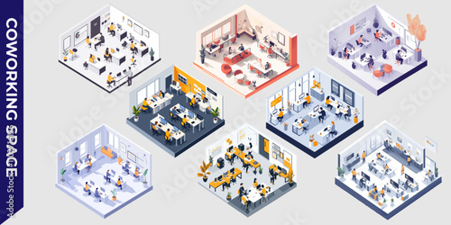 Isometric illustration of a modern coworking space with desks, computers, and people collaborating in a bright