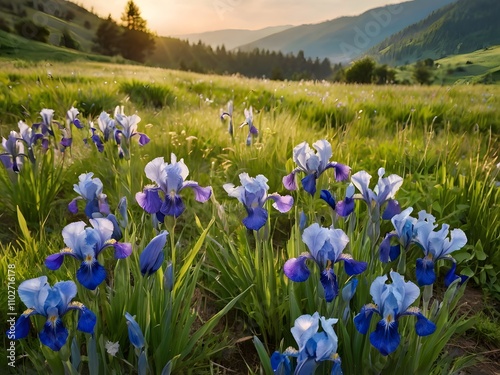 Obraz na płótnie Sunset Meadow Irises Blooming Spring Flowers Landscape w salonie