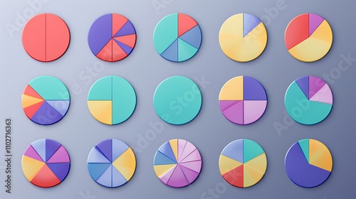 A collection of colorful pie charts in various arrangements, showcasing data visualization.