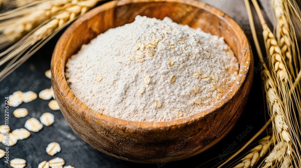 Bowl of flour surrounded by oats and wheat on a dark background. Bowl of flour surrounded by oats and wheat on a dark background.