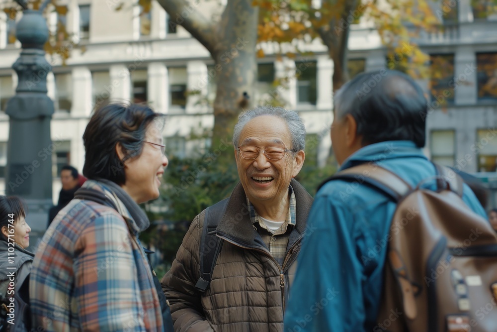 Mature Asian couple walking in the street with their adult son. Mature Asian couple walking in the street with their adult son.