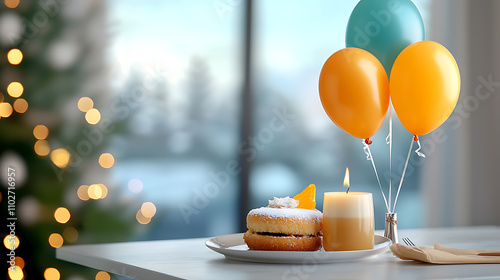 Create a cozy new year's day brunch table setting with colorful balloons delicious treats and warm ambiance