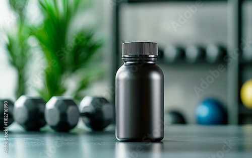 Wallpaper Mural Close up of matte black supplement bottle on gym table, surrounded by fitness equipment, conveying sense of health and wellness Torontodigital.ca