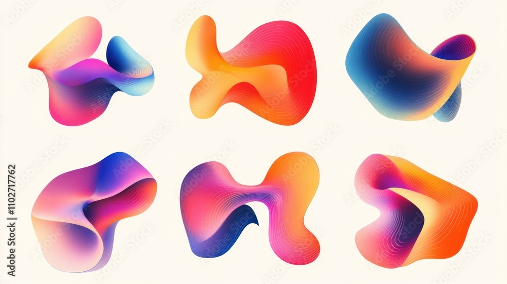 A series of abstract shapes, each filled with a different bright gradient. A series of abstract shapes, each filled with a different bright gradient.