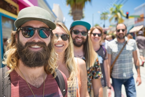 Group of friends having fun on the street in a summer day.