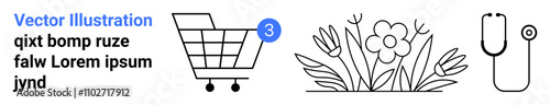 Shopping cart with notification, flower garden, and stethoscope icons. Ideal for e-commerce, gardening, healthcare, online shopping, nature, medicine, and wellness themes. Landing page