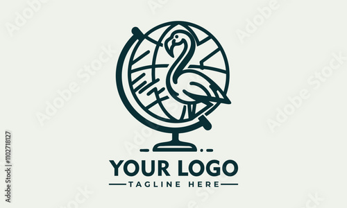 Black line drawing shows flamingo perched atop world globe Black line drawing of a flamingo on a world globe, ideal for travel and environmentrelated designs or educational resources