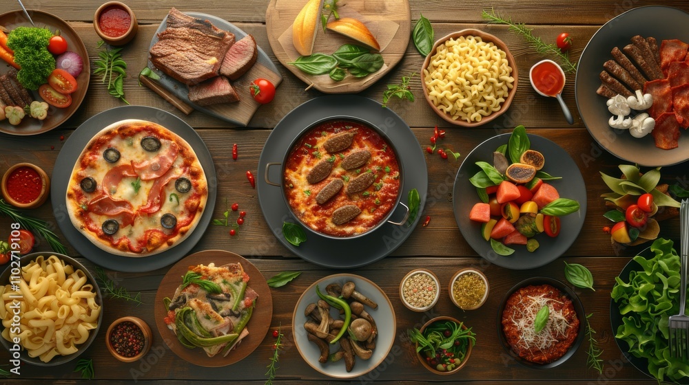 A large spread of Italian dishes including different pizzas, pasta, and fresh vegetables, all artfully arranged on a wooden table, offering a feast of traditional flavors. AI generated. A large spread of Italian dishes including different pizzas, pasta, and fresh vegetables, all artfully arranged on a wooden table, offering a feast of traditional flavors. AI generated.
