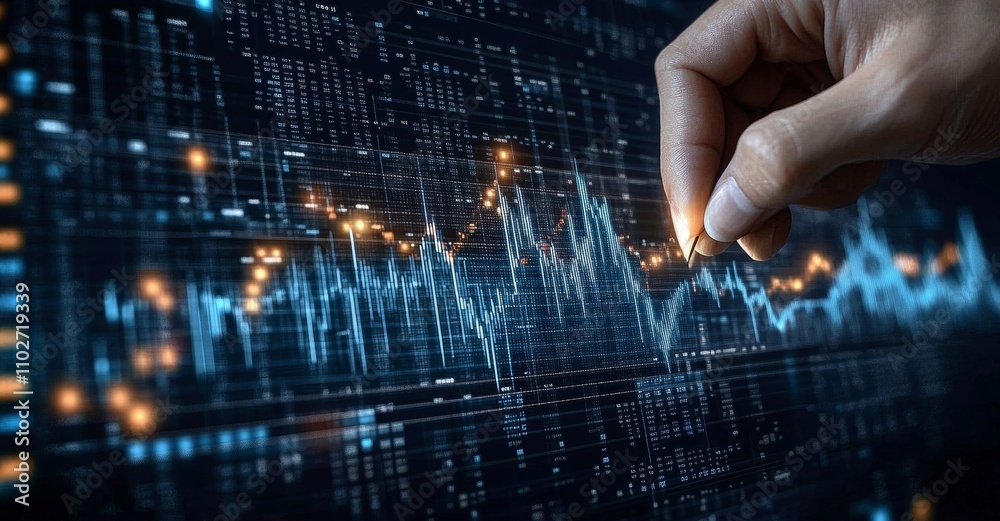 Trader Analyzing Stock Market Data on Virtual Screen with Price Graph and Indicators for Financial Investment and Cryptocurrency Analysis Trader Analyzing Stock Market Data on Virtual Screen with Price Graph and Indicators for Financial Investment and Cryptocurrency Analysis