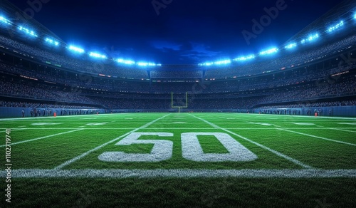 American football stadium at night with illuminated field and fans in stands 3D illustration photo