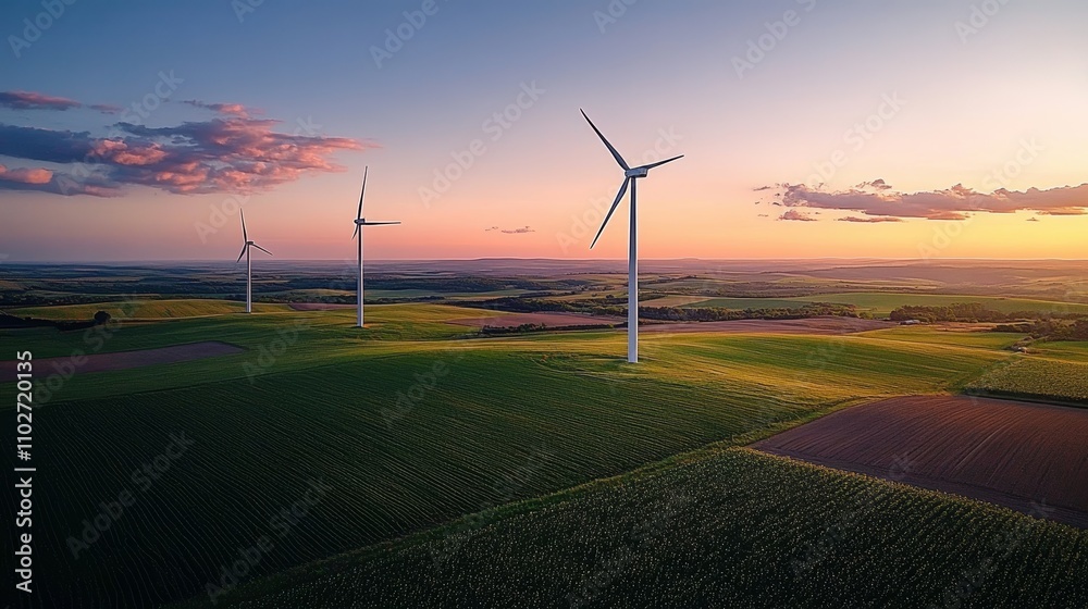 Wind Turbines Generating Renewable Energy in Agricultural Landscape at Sunset Wind Turbines Generating Renewable Energy in Agricultural Landscape at Sunset