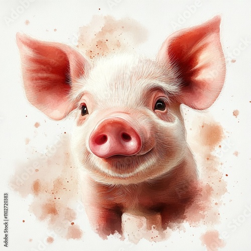 cute piglet watercolor illustration pink animal farm baby pig snout ears curious