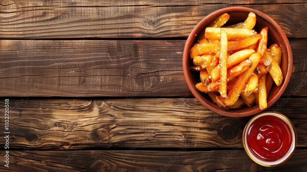 Delicious French fries with tomato sauce on a wooden table and copy space, AI generated image Delicious French fries with tomato sauce on a wooden table and copy space, AI generated image