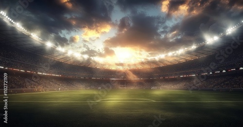 Soccer Stadium at Dusk, Excited Fans, Dramatic Sky, Lush Green Field, Stadium Lights, Vibrant Atmosphere